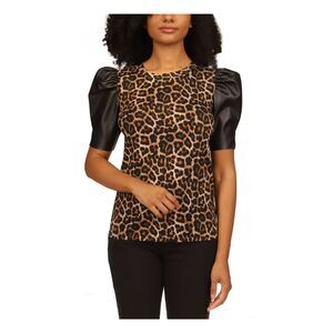 MICHAEL MICHAEL KORS Womens Beige Animal Print Crew Neck Top Petites P\S